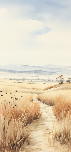 un paesaggio con un campo di erba e montagne sullo sfondo