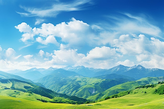 Un paesaggio con un campo di fiori e montagne sullo sfondo