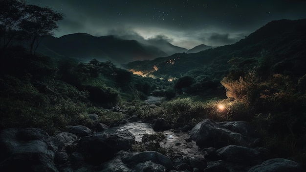 Un paesaggio con un fiume e una luce nel cielo