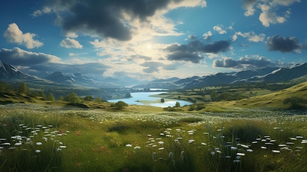 un paesaggio con un lago e montagne sullo sfondo