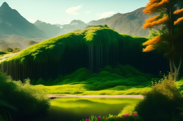 Un paesaggio con un lago e montagne sullo sfondo