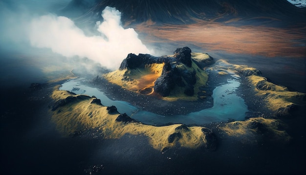 Un paesaggio con un vulcano in mezzo al deserto.