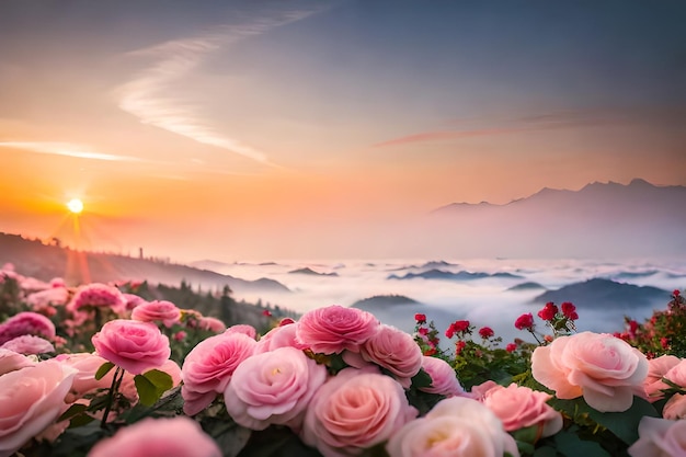 Un paesaggio con una montagna e dei fiori in primo piano