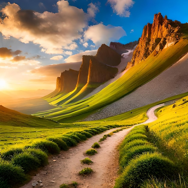 Un paesaggio con una montagna e un sentiero che va a destra.