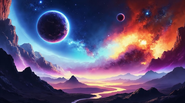 Un paesaggio cosmico con pianeti e nebulose