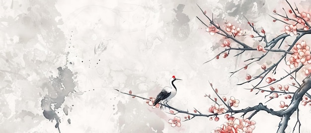 Un paesaggio d'arte astratta con motivi geometrici giapponesi e linee disegnate a mano con uccelli gru decorazioni floreali cinesi in stile vintage