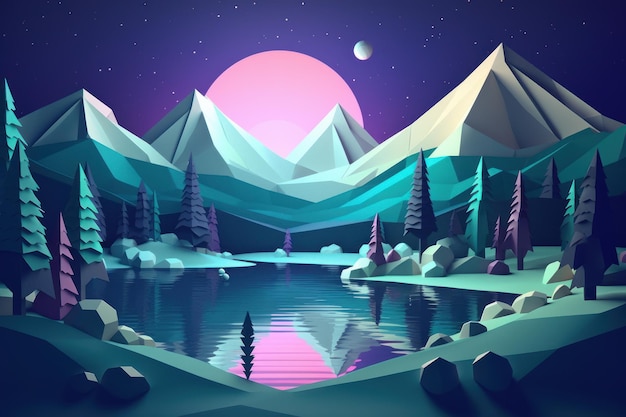 Un paesaggio da cartone animato con montagne e alberi sullo sfondo.
