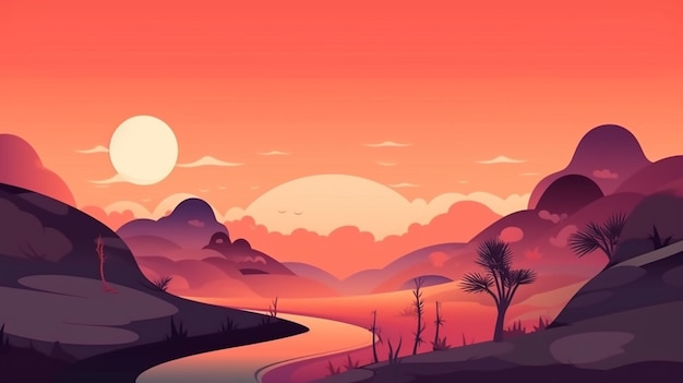 Un paesaggio da cartone animato con un fiume e montagne sullo sfondo.