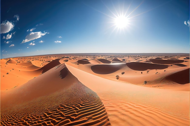 Un paesaggio desertico con dune di sabbia e il sole splendente.