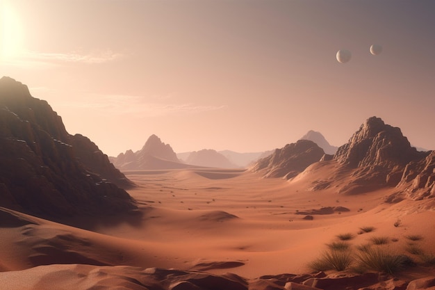 Un paesaggio desertico con montagne e un pianeta sullo sfondo.