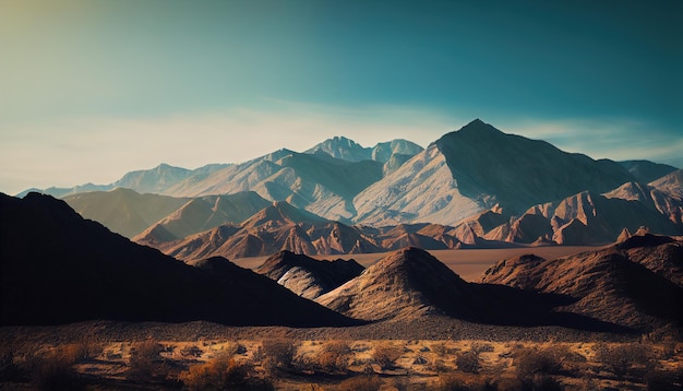 Un paesaggio desertico con montagne maestose e un cielo con nuvole sullo sfondo IA generativa