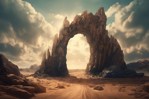 Un paesaggio desertico con un arco di roccia in primo piano e un cielo nuvoloso sullo sfondo.