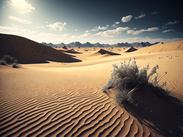 Un paesaggio desertico con un cespuglio in primo piano e montagne sullo sfondo.