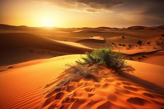 Un paesaggio desertico con un cespuglio in primo piano