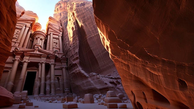 Un paesaggio desertico con un edificio in primo piano e una grande formazione rocciosa sullo sfondo.