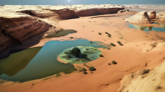 Un paesaggio desertico con un lago e una scena desertica.