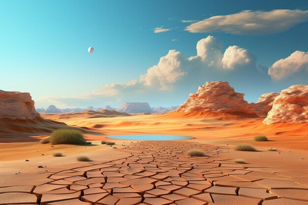 un paesaggio desertico con un paesaggi desertico e una mongolfiera a aria calda sullo sfondo