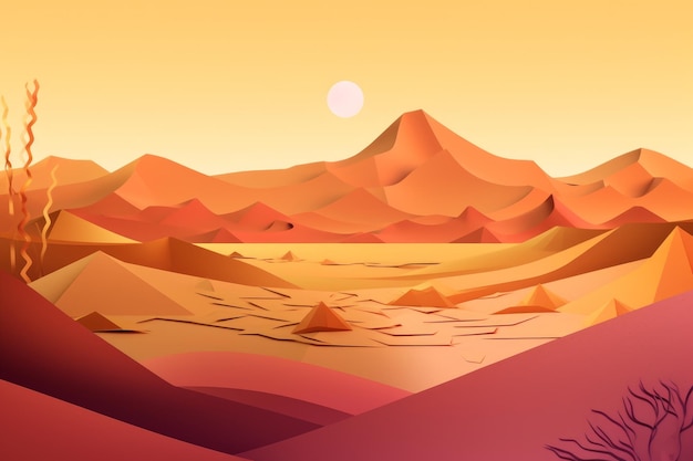 Un paesaggio desertico con un sole sullo sfondo.