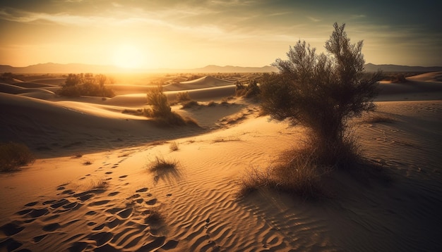 Un paesaggio desertico con un tramonto sullo sfondo