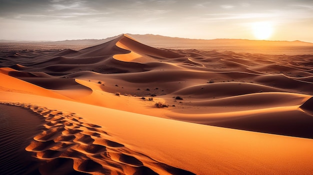 Un paesaggio desertico con un tramonto sullo sfondo