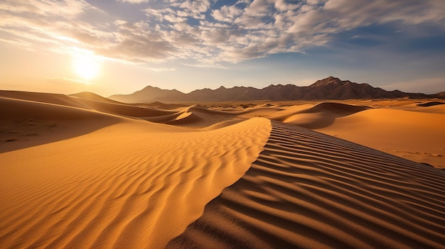 Un paesaggio desertico con un tramonto sullo sfondo