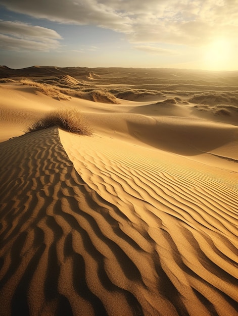 Un paesaggio desertico con un tramonto sullo sfondo