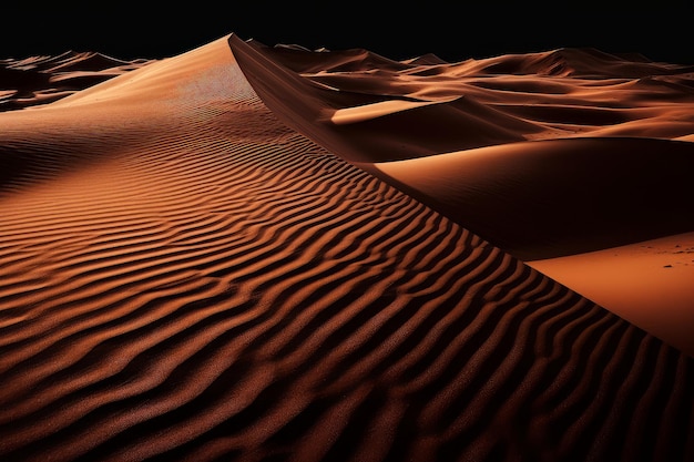 Un paesaggio desertico con uno sfondo nero e una duna di sabbia rossa.
