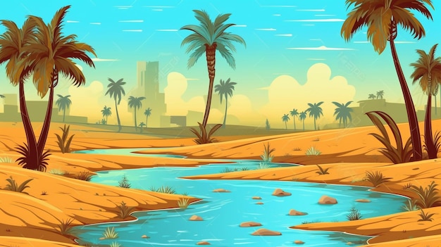 Un paesaggio desertico dei cartoni animati con palme e un fiume generativo ai