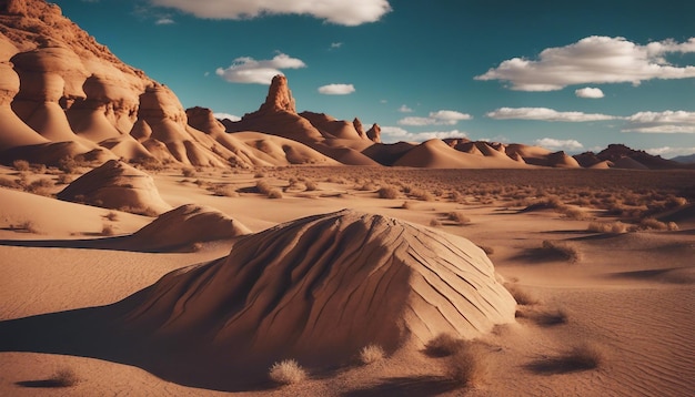 Un paesaggio desertico di un altro mondo con insolite formazioni rocciose colori vivaci e ombre drammatiche