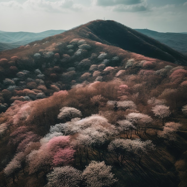 Un paesaggio di alberi con fiori rosa in primo piano