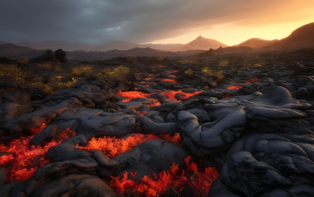 Un paesaggio di campo lavico con rocce e un tramonto