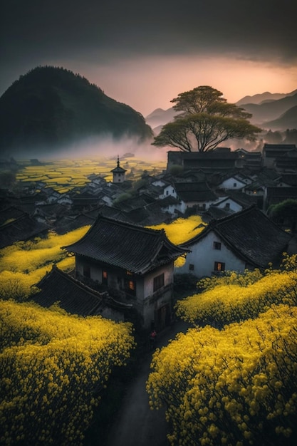 Un paesaggio di fiori gialli in un paesaggio rurale