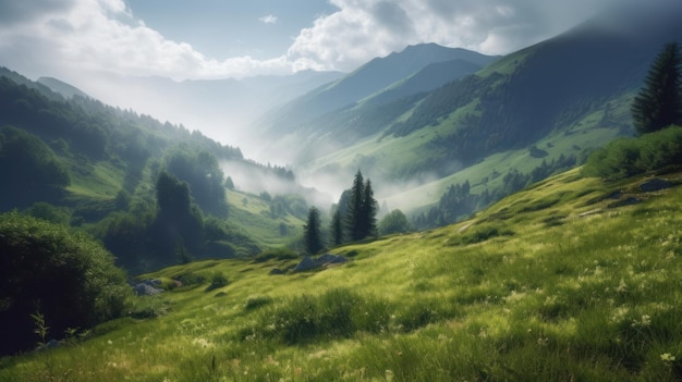 Un paesaggio di montagna con un campo verde e alberi in primo piano.