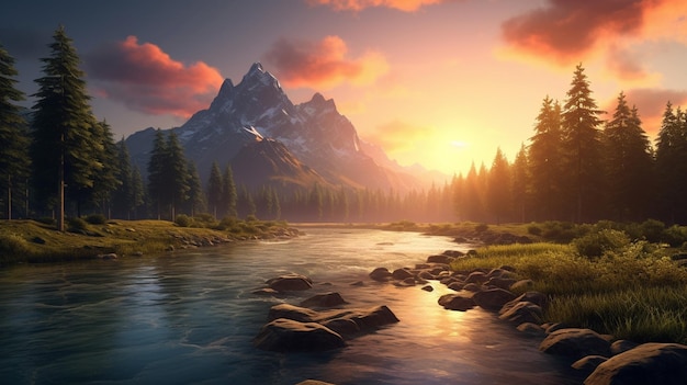 Un paesaggio di montagna con un fiume, montagne e foreste al tramonto