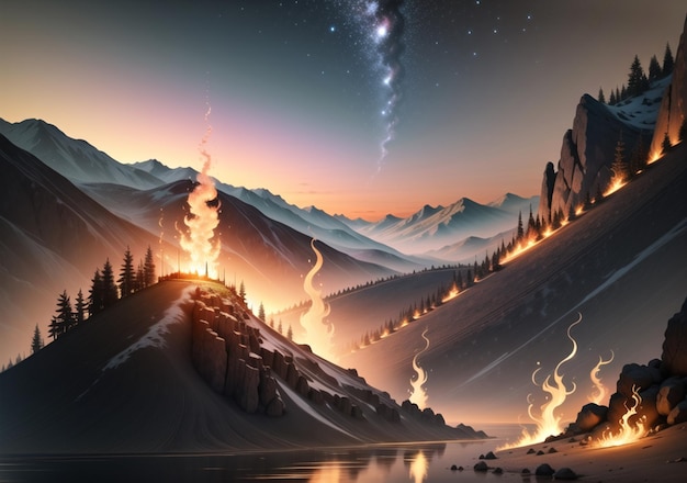 Un paesaggio di montagna con un fuoco e le stelle nel cielo.