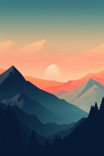 Un paesaggio di montagna con un tramonto sullo sfondo.