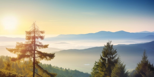 Un paesaggio di montagna con un tramonto sullo sfondo