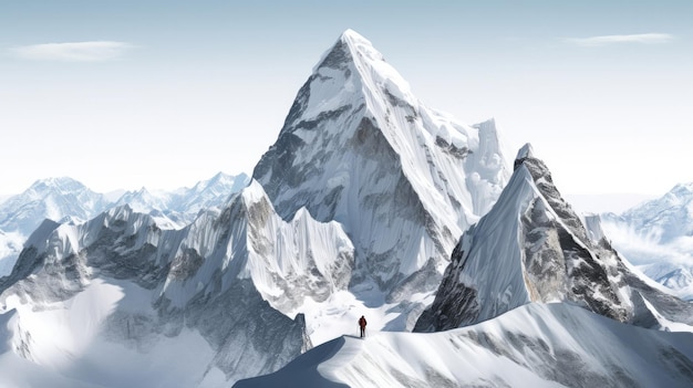Un paesaggio di montagna con un uomo in cima