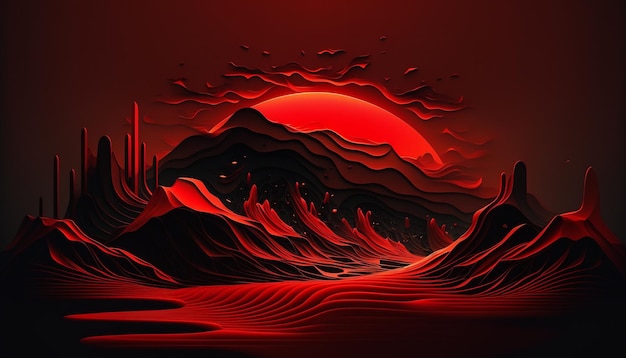 Un paesaggio di montagna rossa con dietro un sole rosso.