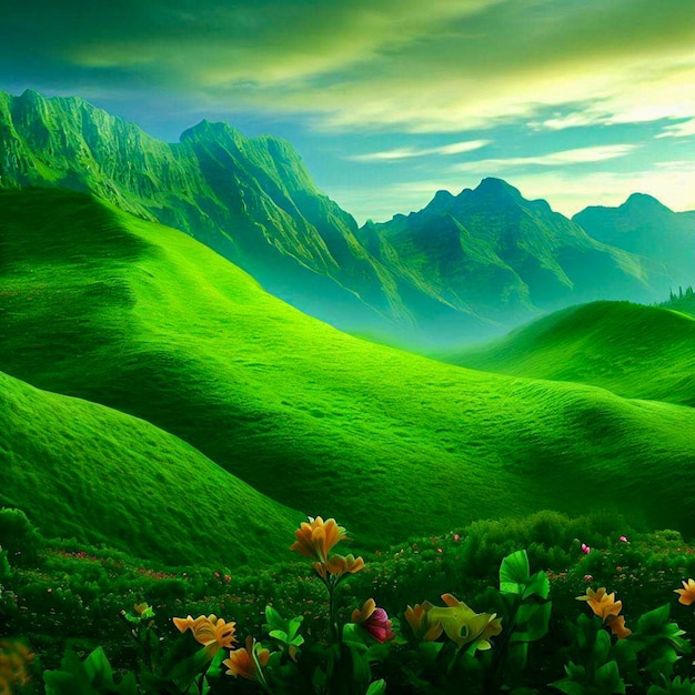 Un paesaggio di montagna verde con un campo verde e fiori.