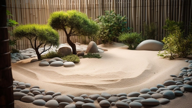 un paesaggio di un giardino zen con rocce e alberi.