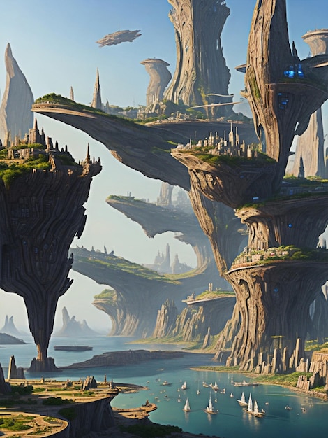 un paesaggio di una città aliena con navi nel cielo e la natura in basso in stile realistico in metallico