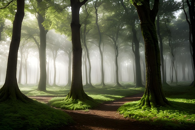 Un paesaggio di una foresta incantata dove gli alberi prendono vita e emettono un dolce bagliore etereo