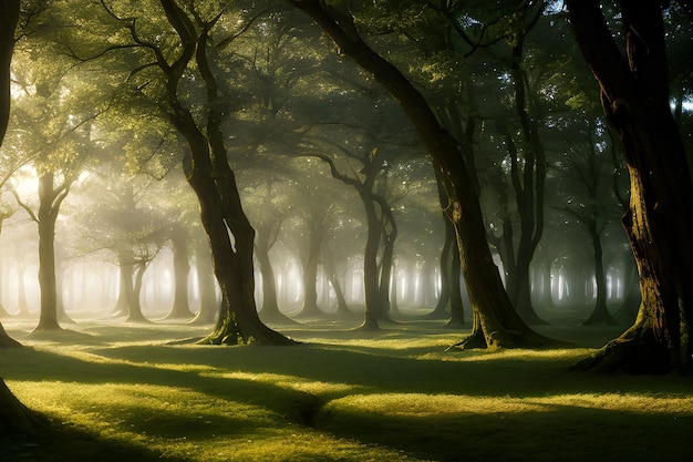 Un paesaggio di una foresta incantata dove gli alberi prendono vita e emettono un dolce bagliore etereo