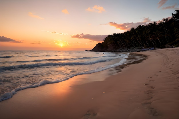 Un paesaggio di una spiaggia serena al tramonto con sabbia dorata onde dolci e un cielo color pastello