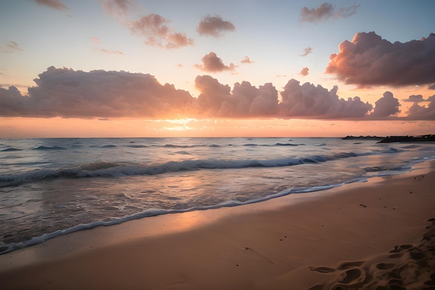 Un paesaggio di una spiaggia serena al tramonto con sabbia dorata onde dolci e un cielo color pastello