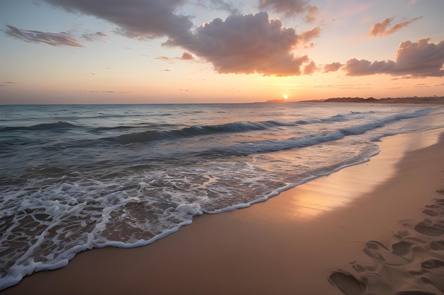 Un paesaggio di una spiaggia serena al tramonto con sabbia dorata onde dolci e un cielo color pastello