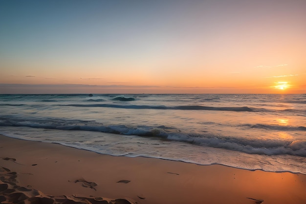 Un paesaggio di una spiaggia serena al tramonto con sabbia dorata onde dolci e un cielo color pastello