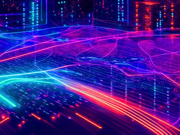 Un paesaggio digitale di luci al neon e flussi di dati tecnologia e finanza immagine