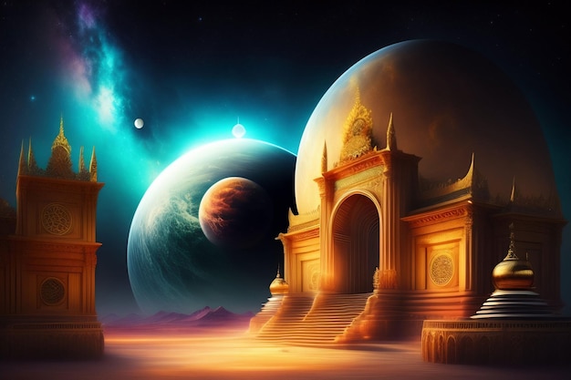 Un paesaggio fantastico con un tempio e un pianeta